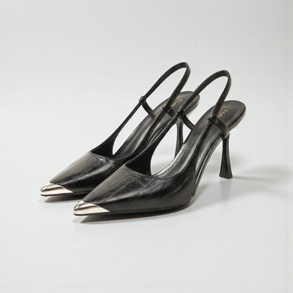 Escarpins slingback noirs à bout argenté