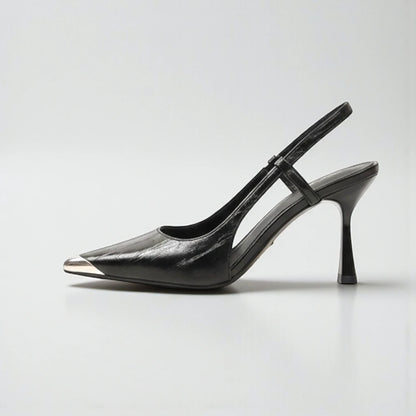 Escarpins slingback noirs à bout argenté