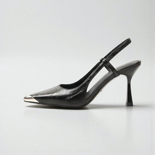Escarpins slingback noirs à bout argenté