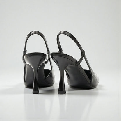 Escarpins slingback noirs à bout argenté
